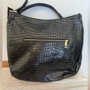 Mia Tomazzi Black Leather Crocodile-Embossed Hobo Shopper Tote Slouchy Bag